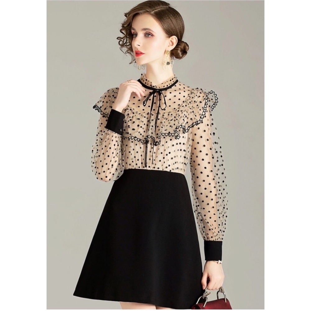 One Piece Lady Polka Dot Bow Ruffled Long Sleeve Mesh Dress